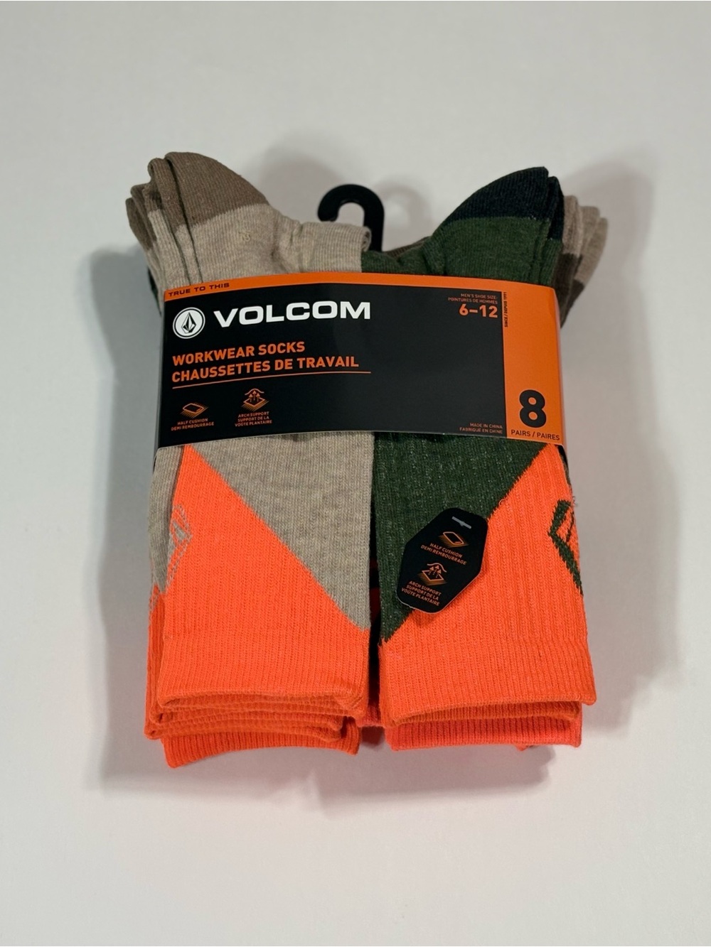 Volcom Men’s Workwear Crew Socks - Orange, Green & Tan Accents (8 Pack)